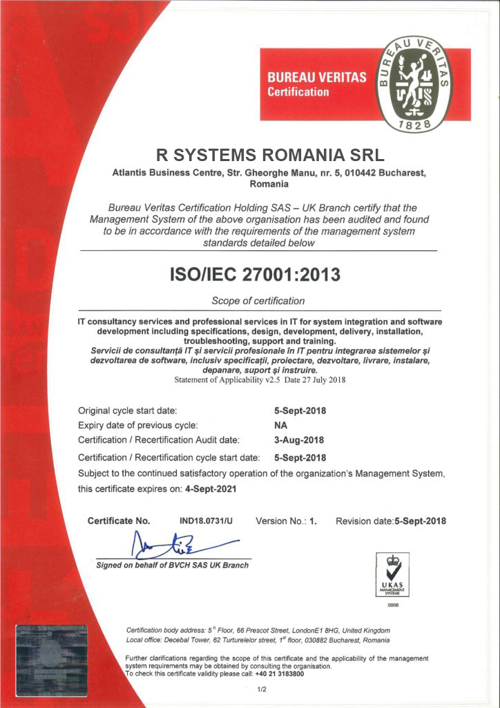 R Systems ISO 27001:2013 Certificate for security of information management system